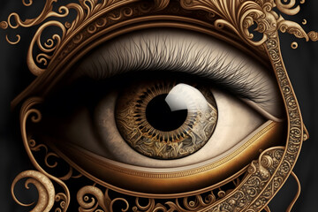 Illustrative design of the eye in close up. Art deco style with different ornaments. Macro view. Generative AI.