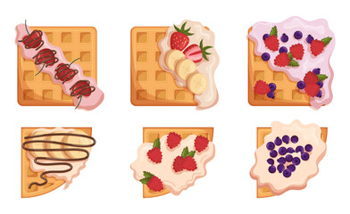 Set Of Belgian Waffles, Square And Corner Wafers, Homemade Pastry Decorated With Fresh Berries And Chocolate, Ice Cream