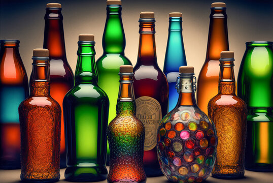 Collection of bottles various color. Generative AI, AI, Generative