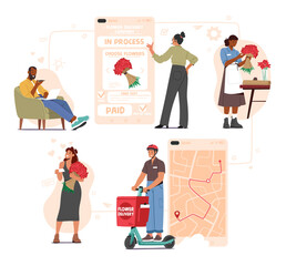 Set Characters Order Flowers In Internet. Woman use Online App For Buying Bouquet In Flower Company. Courier On Scooter