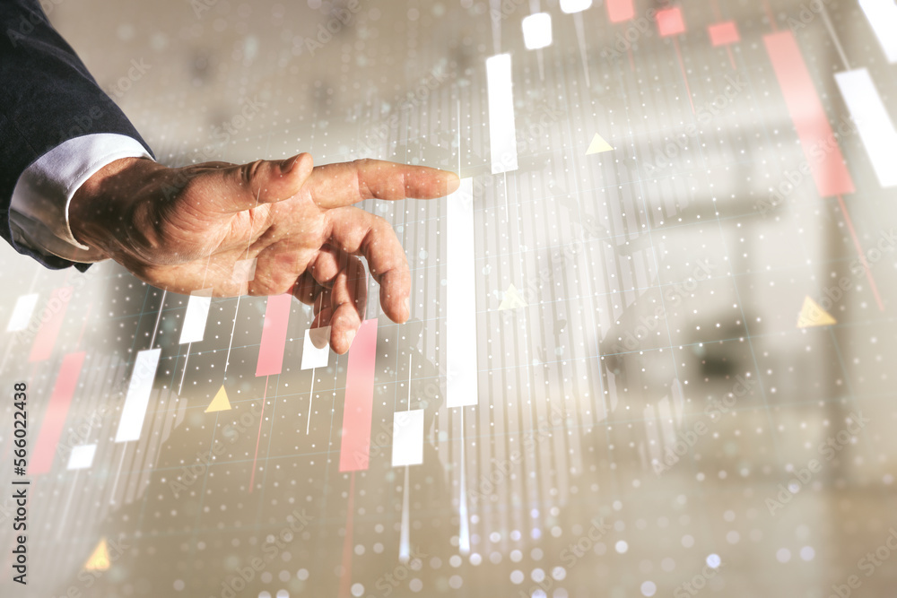 Poster man hand working with abstract creative financial graph and world map on blurred office background, 