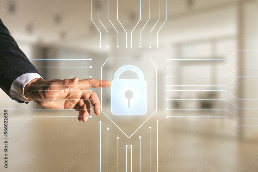 Poster man hand working with virtual creative lock sketch with chip hologram on blurred office background, 