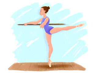 Digital illustration of a young caucasian white female ballet dancer in a ballet class. She is doing an arabesque, and her hand is holding the bar, she is focused.