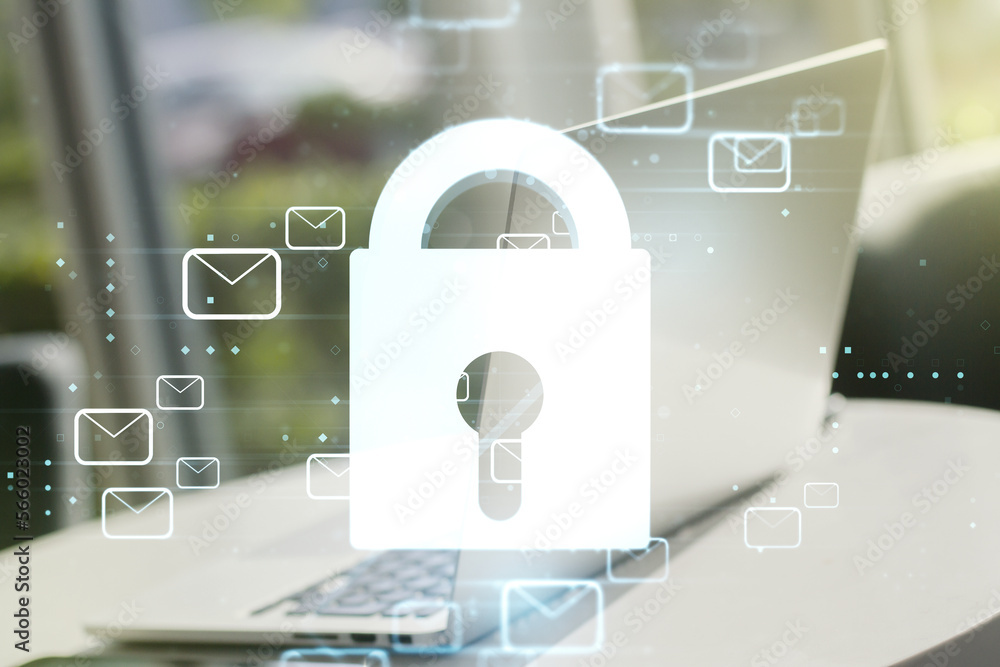 Poster double exposure of creative lock hologram with email symbols on laptop background. information secur