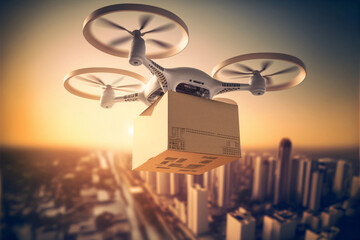 Flying drone with package. Post of the future. Futuristic world. Generative AI.