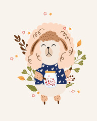 A cute sheep holding a jar with hearts, leaves and flowers. Farm animal. Boho illustration suitable for posters, cards, banners, posters. Vector illustration.