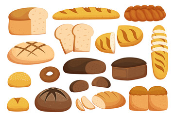 Set Of Different Bread And Wheat Bakery Products. Isolated Baguette, Loaf, Bun Or Donut Pastry Collection