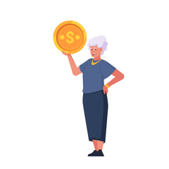 Senior Woman Character Holds Large Golden Coin. Prosperous Life in Old Age. Cartoon People Vector Illustration