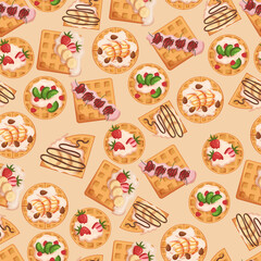Seamless Pattern with Wafers. Repeated Background with Belgian Waffles Square and Round Shape with Berries, Fruits