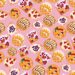Seamless Pattern with Wafers. Repeated Background, Wallpaper or Textile Tile. Belgian Square and Round Waffles