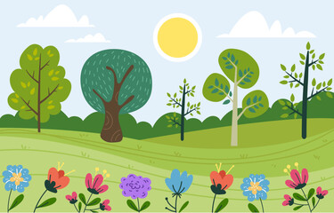 Landscape forest vector spring plant flower tree cartoon nature concept. Vector design graphic illustration
