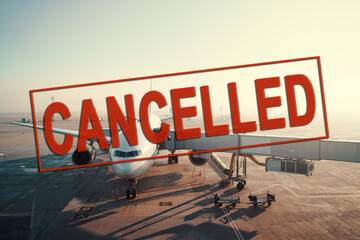 Obraz premium Flights cancelled. Jet aircraft docked in airport. Parking at terminal gate.