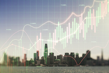 Abstract virtual financial graph hologram on San Francisco cityscape background, financial and trading concept. Multiexposure