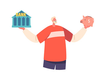 Financial Choice between Bank Deposit and Keeping Money at Home. Senior Man Character. Cartoon Vector Illustration