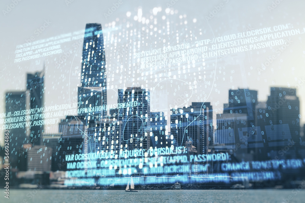 Poster abstract virtual code skull hologram on san francisco cityscape background, cybercrime and hacking c