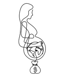 Mother silhouette body with dollar as line drawing picture on white