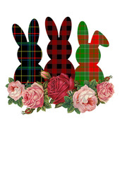 Rabbits png design. Easter bunny print. Roses flowers. Plaid material print. Sublimation designs. Isolated on transparent background.