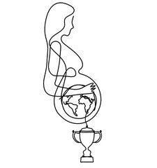 Mother silhouette body with trophy as line drawing picture on white