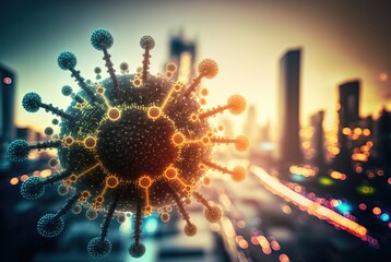 Close up virus microbe with blur cityscape background, idea concept of ppidemic situation and measurement to solve problem, Generative Ai