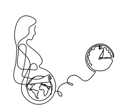 Mother silhouette body with clock as line drawing picture on white