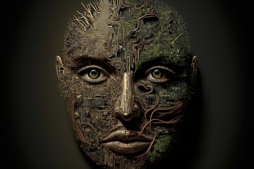Face made of computer chips and circuits, concept of Digital Technology and Technology Integration, created with Generative AI technology