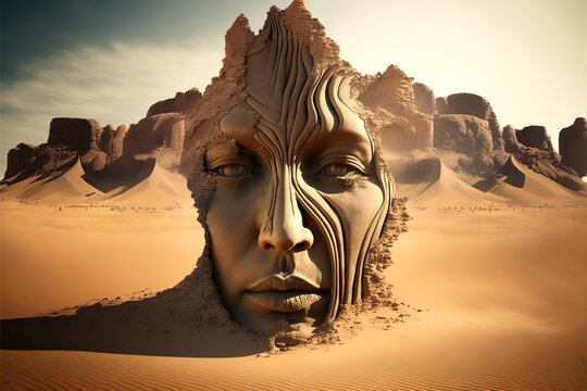 Face made of desert dynes, concept of Sand Art and Textured Mosaic, created with Generative AI technology