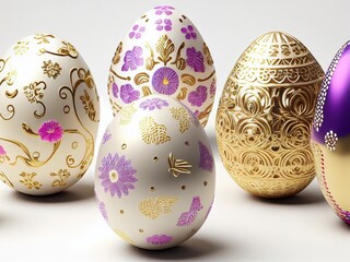 set of Easter eggs decorated with beautiful details in a white  and clean background