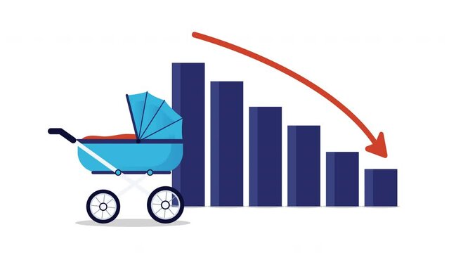 Low birth rate - Baby stroller and falling graph showing low fertility and less babies being born. Flat design vector animation on white background