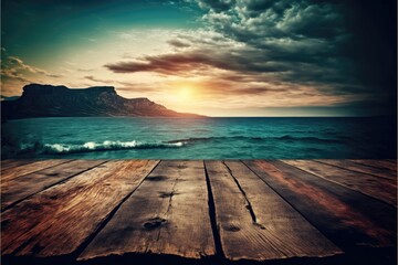 Wooden table background with landscape of sea. Generative AI