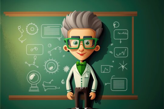 Scientist wearing glasses and greenboard. 3d cartoon style. Generative AI
