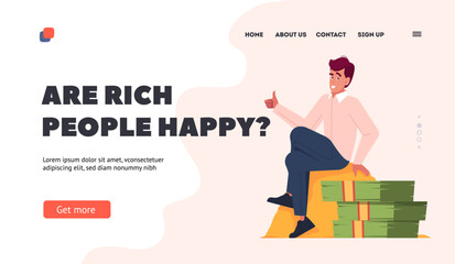 Happiness of Rich People Landing Page Template. Happy Young Businessman Sitting on Pile of Gold Coins and Show Thumb Up