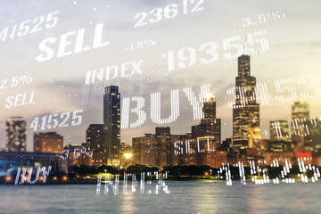 Double exposure of virtual creative financial diagram on Chicago office buildings background, banking and accounting concept