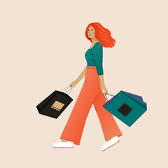 Shopping, girl with packages, sale, flat illustration