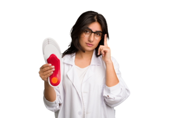 Young indian chiropodist woman holding a insoles for shoes cut out isolated pointing temple with finger, thinking, focused on a task.