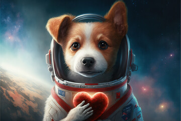 a cute dog in a space suite in space holding a red heart, Valentine's day card concept