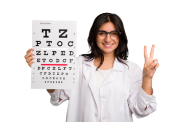 Young indian oculist woman holding an eye chart paper cut out isolated showing number two with fingers.