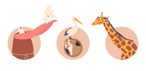 Noah Character Releases Dove. Saved by God Domestic and Wild Animals. Isolated Round Icons. Cartoon Vector Illustration