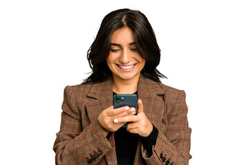 Young Indian business woman using her mobile phone isolated