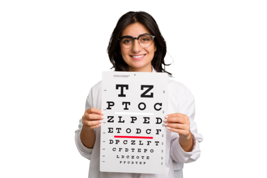 Young indian oculist woman holding an eye chart paper cut out isolated