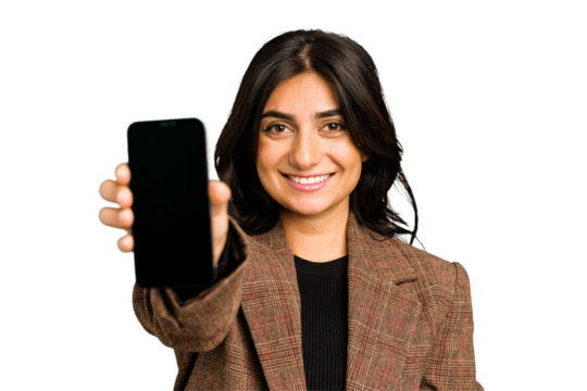 Young indian business woman showing her mobile phone isolated cut out