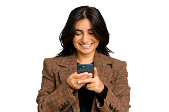Young Indian business woman using her mobile phone isolated