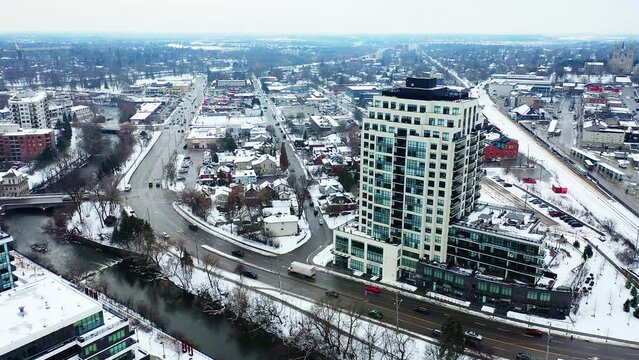 Aerial of Guelph, Ontario, Canada in winter 4K