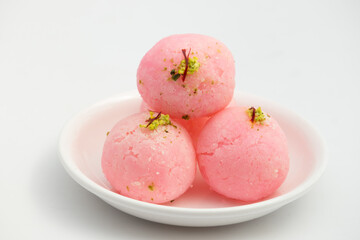 Indian Bengali Mithai Pink Rose Raskadam Also Called Kheer Kadam, Roshkodom, Khoya Kodom Is Ball Shaped Rasgulla Made Of Khowa, Saffron, Paneer, Panir, Mawa, Khova, Malai, Chhena, Pista, Chena, Kesar