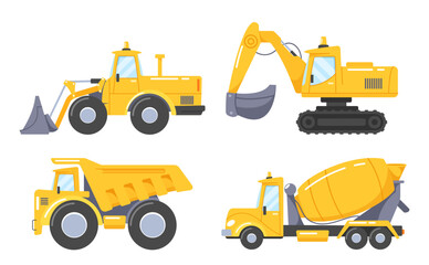 Obraz na płótnie Canvas Heavy Transportation Cars and Construction Equipment for Building. Bulldozer, Excavator, Dump Truck and Concrete Mixer