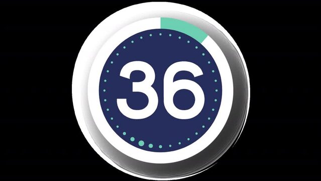 Mint Blue Flat Countdown Timer 40s on transparent alpha channel backgrounds. Clip includes entry and exit animations and begins and ends on a blank scree. Perfect for sport videos.