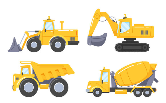 Heavy Transportation Cars and Construction Equipment for Building. Bulldozer, Excavator, Dump Truck and Concrete Mixer