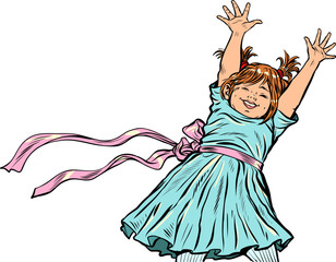 Smiling little girl raised her hands up. Happy childhood. Pop art retro