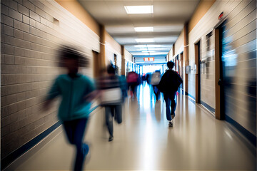 blurred motion people walking on a high school hallway, generative AI
