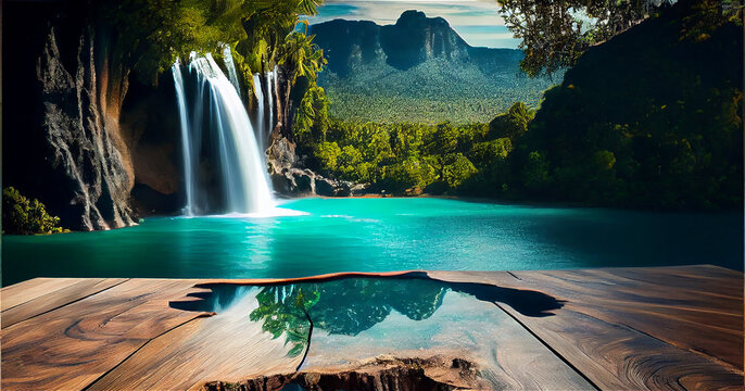 Wooden table top on an exotic landscape with a tropical lagoon and a waterfall, generative AI