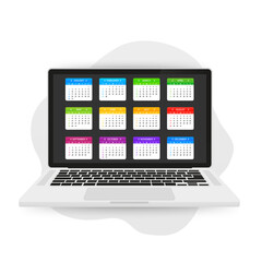 2023 Calendar year on laptop. The week starts on Sunday. Annual calendar 2023 template. Calendar design in color colors on laptop. The date of the event. Vector illustration